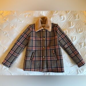 Women's Plaid Teddy Jacket with Faux Fur Collar